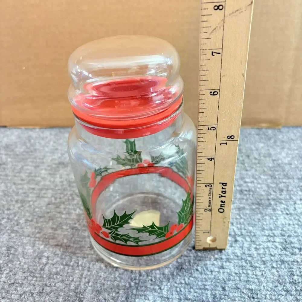 Vintage 70s Christmas‎ Glass Jar Holly Red Lid Holiday Kitchen Canister 80s